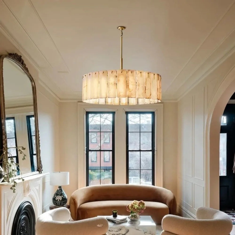 Round Marble Texture Hanging Lamp With Alabaster Finish Modern Chandelier For Living Room And Bedroom And Home Decor