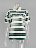 Sumuyoo Women's Retro Striped Polo T-Shirt Loose Fit Short Sleeve Casual Knitted Shirt Fashionable Summer Top for Ladies