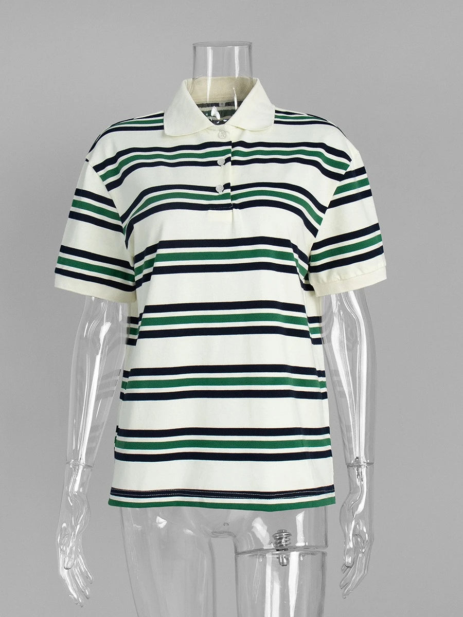 Sumuyoo Women's Retro Striped Polo T-Shirt Loose Fit Short Sleeve Casual Knitted Shirt Fashionable Summer Top for Ladies