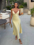 Satin Sexy Lace Spliced Maix Sling Dress Women Sleeveless Backless Yellow Vacation Vestidos 2026 Fashion Summer Lady Dresses﻿
