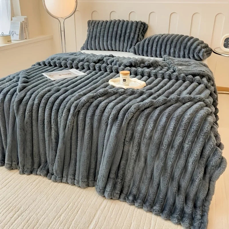 Premium Ultra-Soft Double Sofa Blanket Elastic Striped Plush Beige Throw for Living Room Bedroom Sofas - All-Season Home Decor
