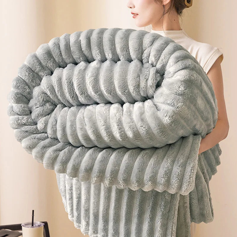 Premium Ultra-Soft Double Sofa Blanket Elastic Striped Plush Beige Throw for Living Room Bedroom Sofas - All-Season Home Decor