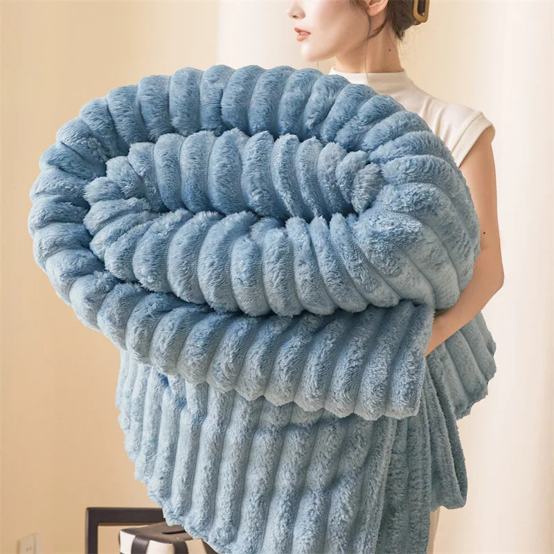 Premium Ultra-Soft Double Sofa Blanket Elastic Striped Plush Beige Throw for Living Room Bedroom Sofas - All-Season Home Decor