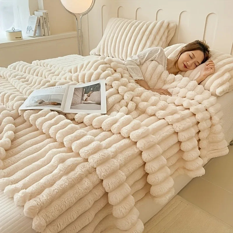Premium Ultra-Soft Double Sofa Blanket Elastic Striped Plush Beige Throw for Living Room Bedroom Sofas - All-Season Home Decor