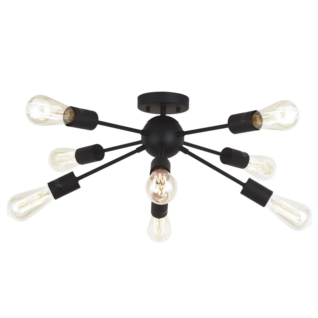 Modern 8-Light Sputnik Chandelier Black Semi-Flush Mount Ceiling Lighting Industrial Vintage Mid-Century Starburst Style Lamp