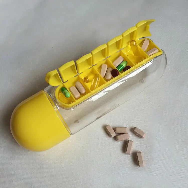 Portable Water Bottle with Built-in Pill Box for Medicines, Vitamins, Perfect for Outdoor, Gym, Fitness, Camping and Traveling