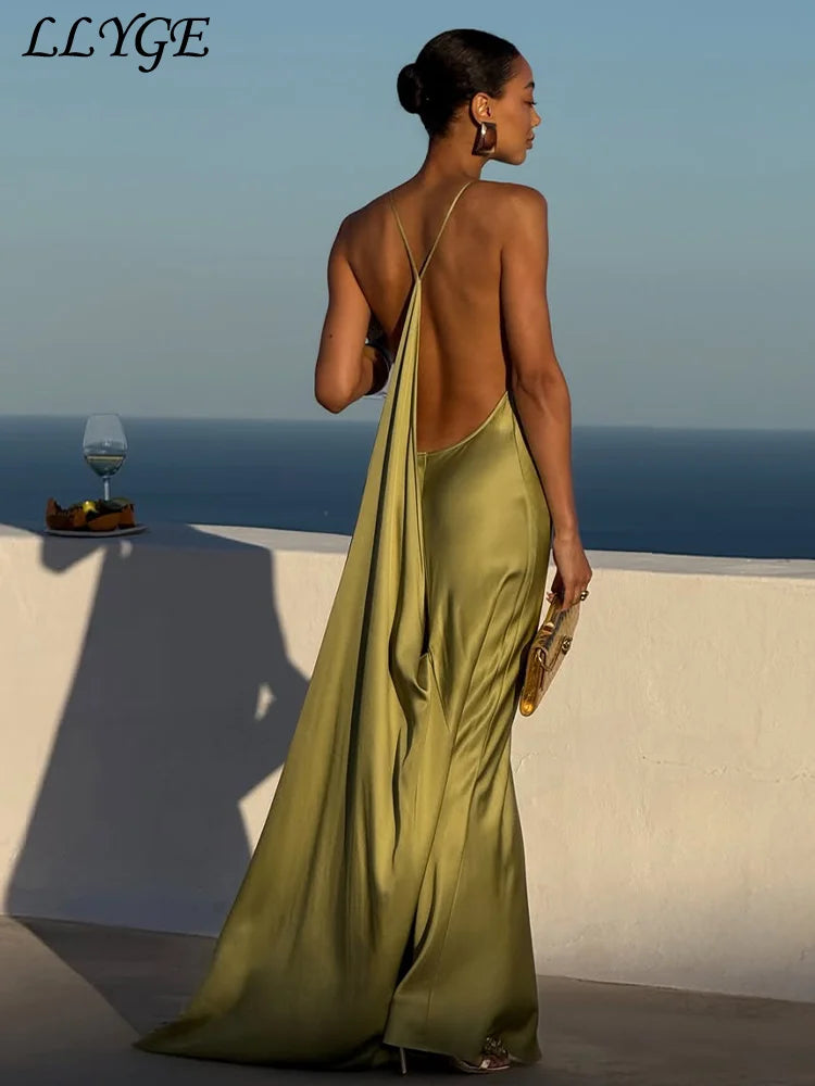 Elegant Satin Ribbon Backless Women's Long Dress Pleated V-neck Slit Beach Party Dresses 2026 Summer Lady Solid Evening Robes