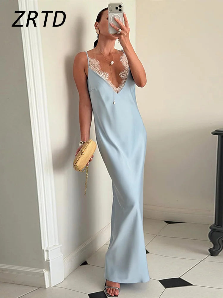 Elegant Lace Satin Spliced Women's Summer Dress Loose V-neck Sleeveless Backless Long Sundress 2026 Lady Chic Beach Party Robes