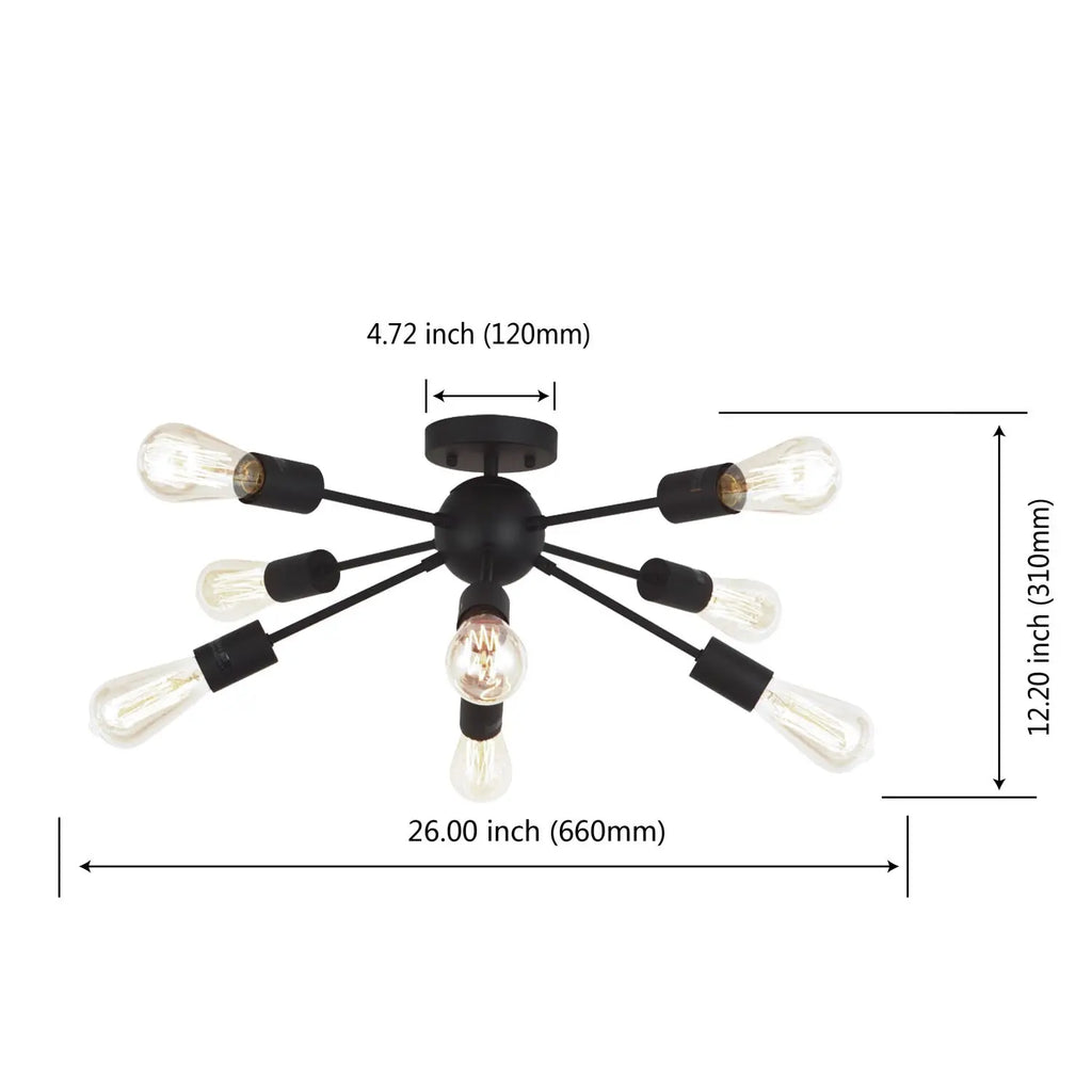 Modern 8-Light Sputnik Chandelier Black Semi-Flush Mount Ceiling Lighting Industrial Vintage Mid-Century Starburst Style Lamp