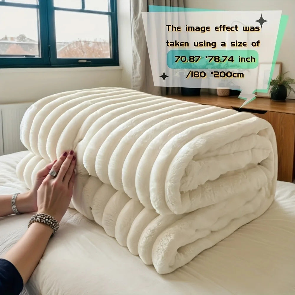 Premium Ultra-Soft Double Sofa Blanket Elastic Striped Plush Beige Throw for Living Room Bedroom Sofas - All-Season Home Decor