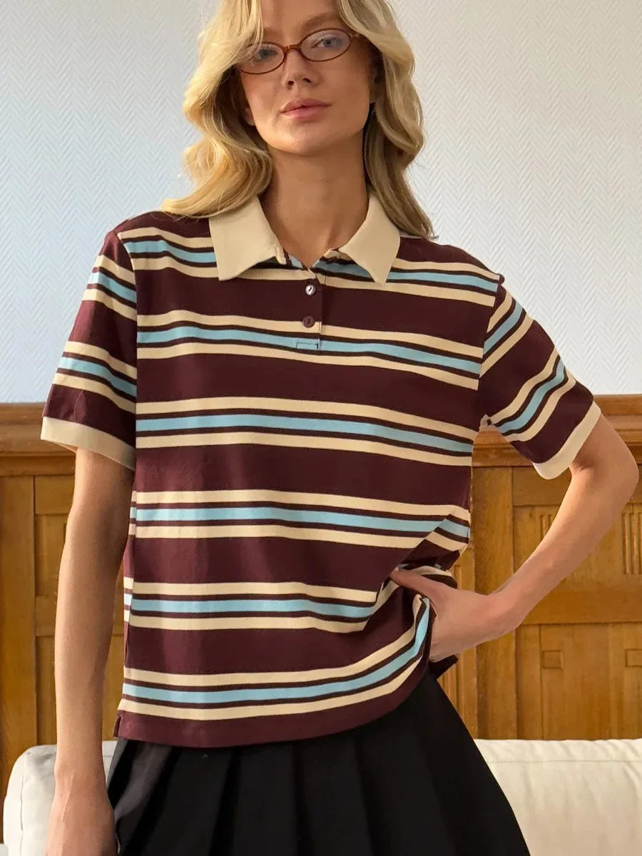 Sumuyoo Women's Retro Striped Polo T-Shirt Loose Fit Short Sleeve Casual Knitted Shirt Fashionable Summer Top for Ladies