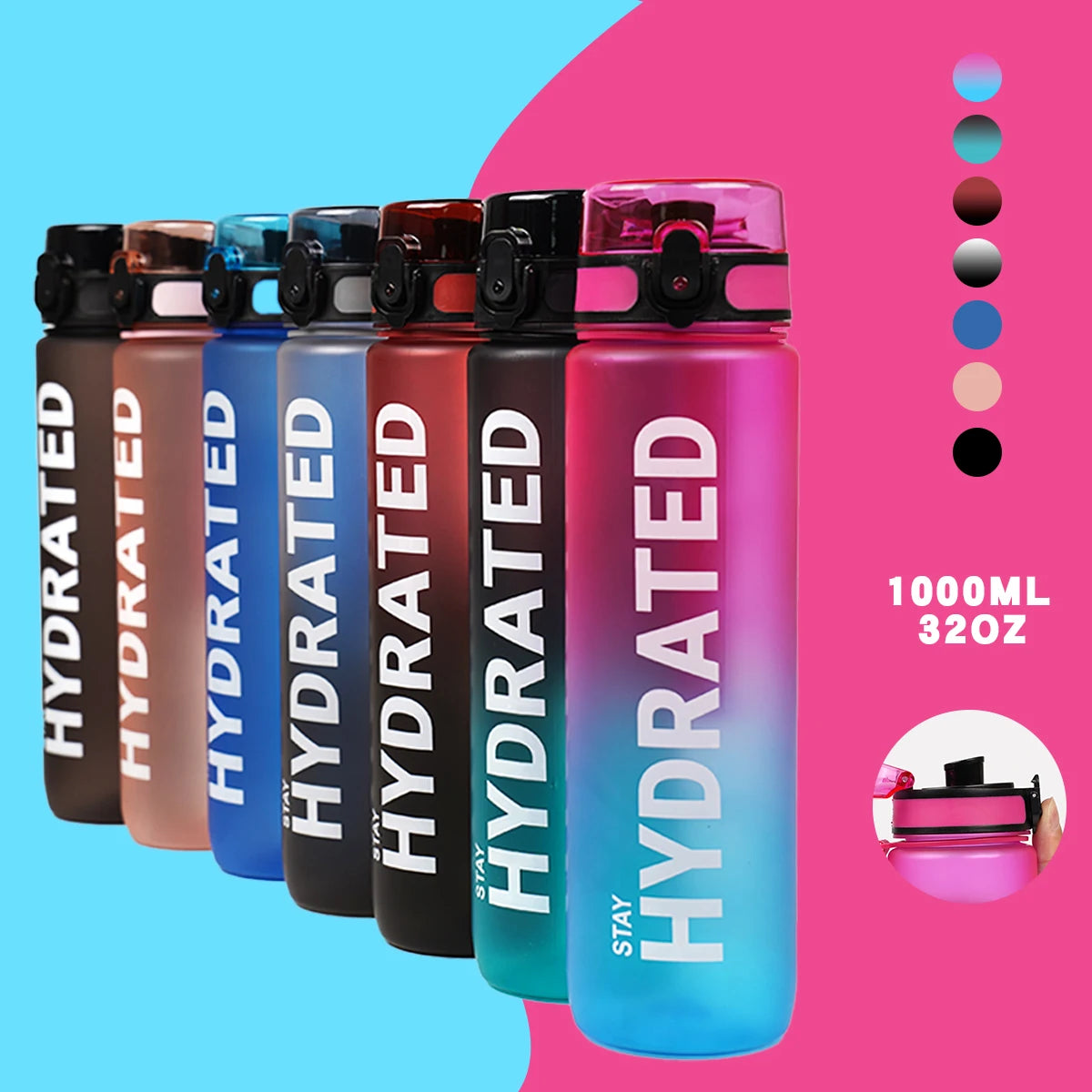 1pc 1000ml Large Capacity Transparent Plastic Water Bottle with Cap and Handle, Multiple Colors Available, Suitable for Outdoor