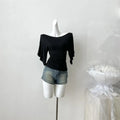 Women's Summer High Stretch Slash Neck Flare Sleeve Slim T Shirt Lady Sexy Pleated Slim Solid Color Pullover Tee Top