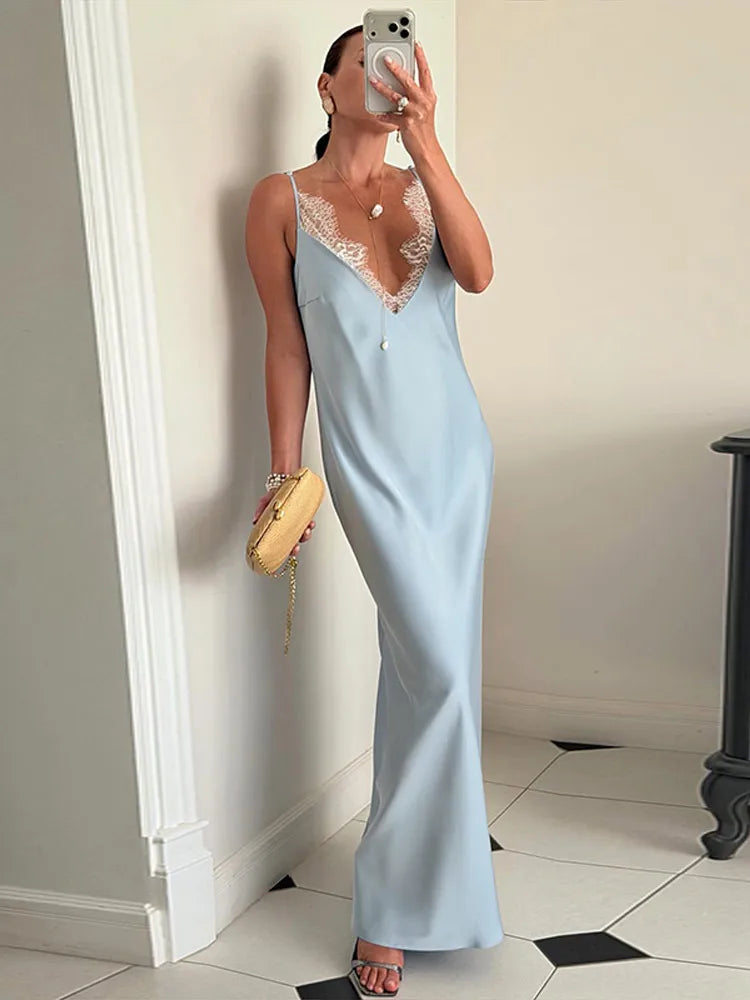 Elegant Lace Patchwork Women's Dress V-Neck Sleeveless Slip Female Long Dresses 2026 Summer Vacation Sexy Solid Chic Lady Robe