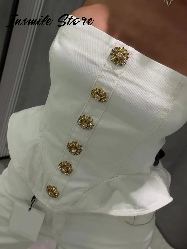 Sexy Waist Cinched Denim Women's Corset Top Slim Ruffles Sleeveless Backless Buttons Zipper Vest 2026 Summer Lady Solid Bustier