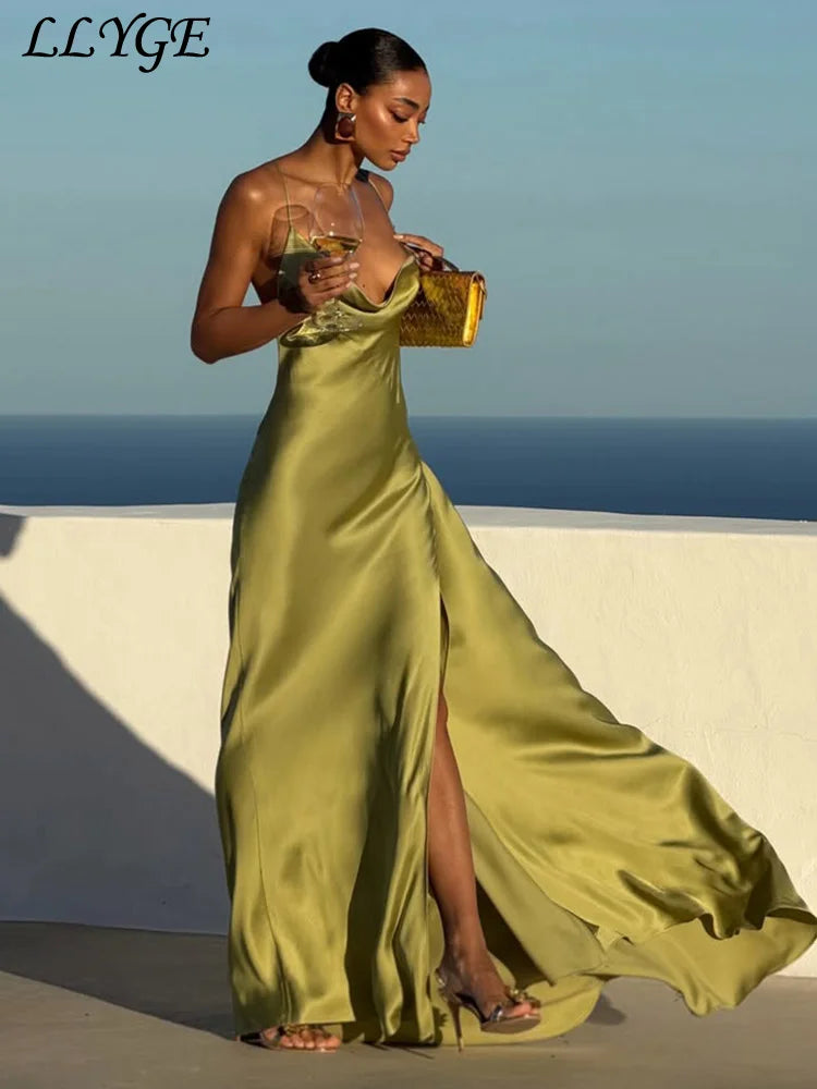 Elegant Satin Ribbon Backless Women's Long Dress Pleated V-neck Slit Beach Party Dresses 2026 Summer Lady Solid Evening Robes