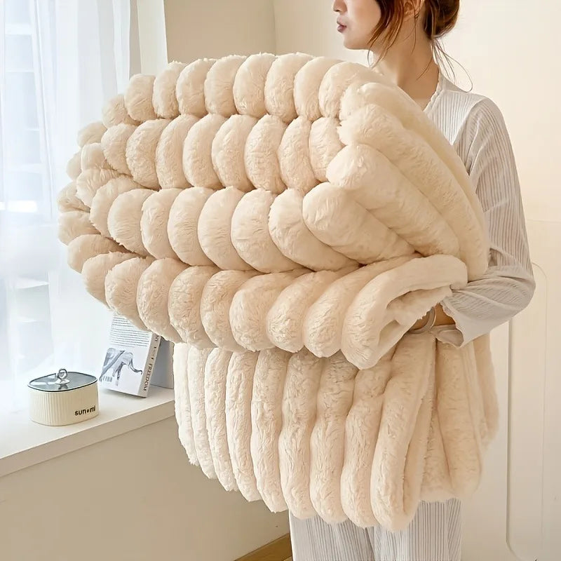 Premium Ultra-Soft Double Sofa Blanket Elastic Striped Plush Beige Throw for Living Room Bedroom Sofas - All-Season Home Decor