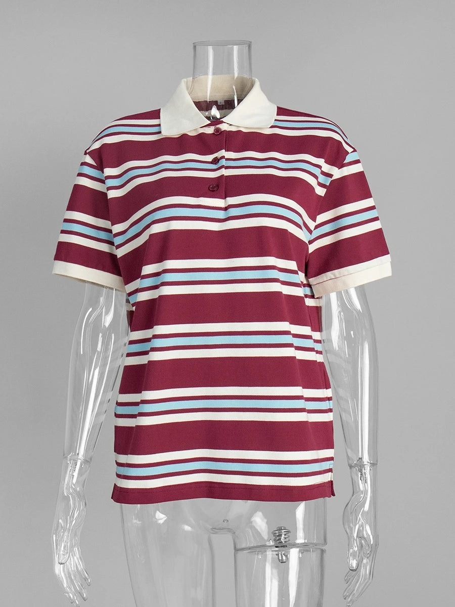 Sumuyoo Women's Retro Striped Polo T-Shirt Loose Fit Short Sleeve Casual Knitted Shirt Fashionable Summer Top for Ladies