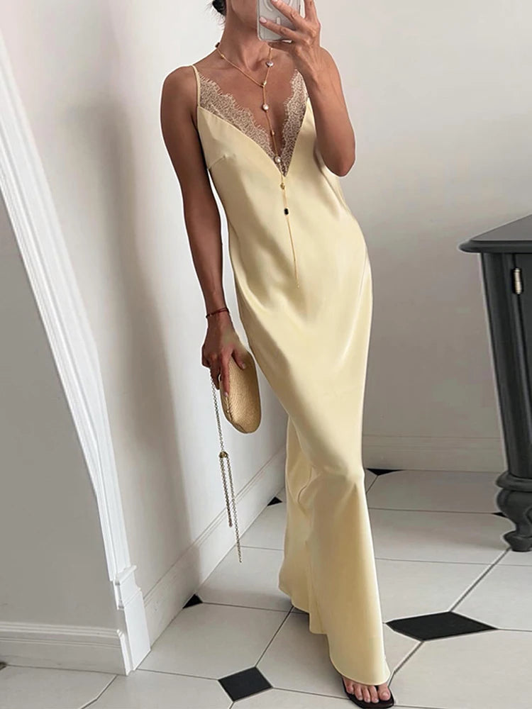 Elegant Lace Satin Spliced Women's Summer Dress Loose V-neck Sleeveless Backless Long Sundress 2026 Lady Chic Beach Party Robes