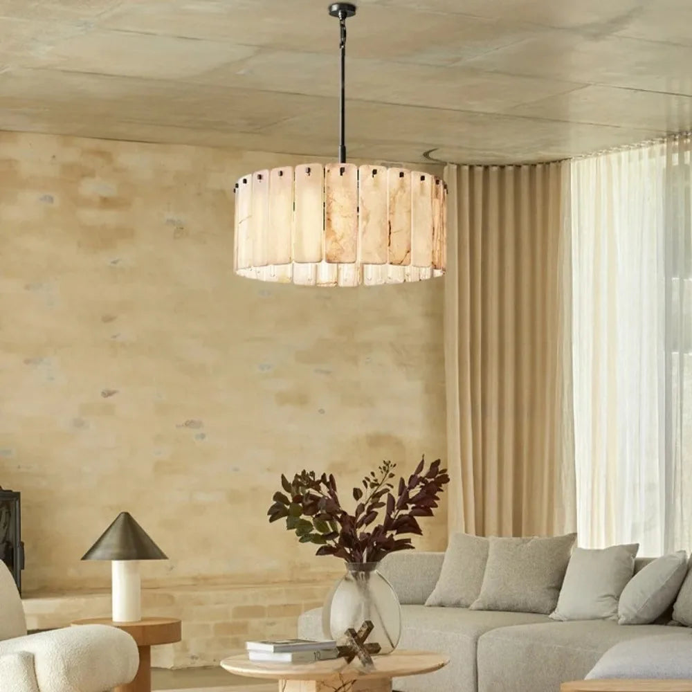 Round Marble Texture Hanging Lamp With Alabaster Finish Modern Chandelier For Living Room And Bedroom And Home Decor