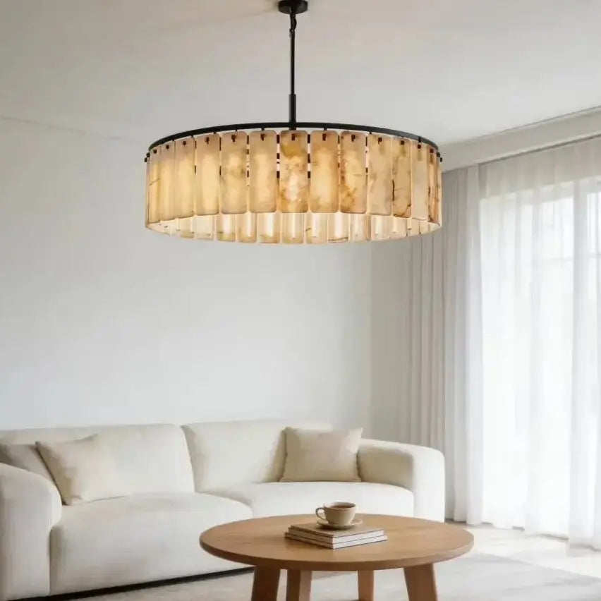 Round Marble Texture Hanging Lamp With Alabaster Finish Modern Chandelier For Living Room And Bedroom And Home Decor