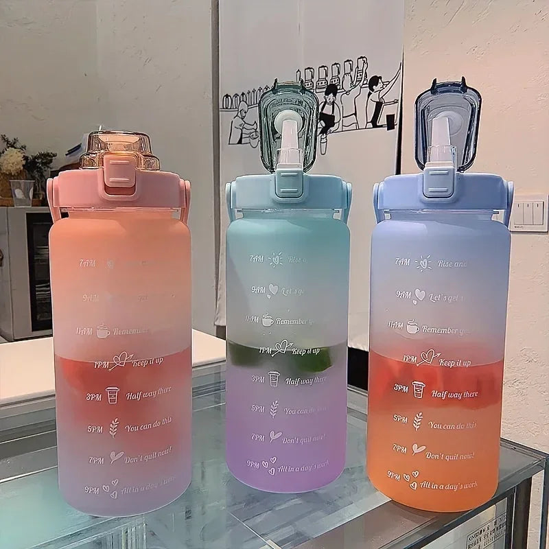 2 Liter Water Bottle with Straw Female Girls Large Portable Travel Bottles Sports Fitness Cup Summer Cold Water with Time Scale