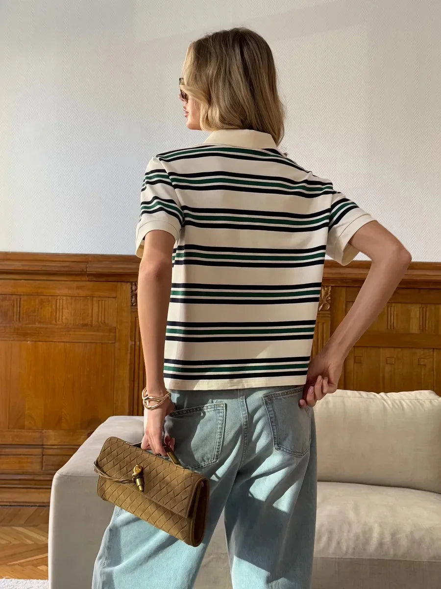 Sumuyoo Women's Retro Striped Polo T-Shirt Loose Fit Short Sleeve Casual Knitted Shirt Fashionable Summer Top for Ladies