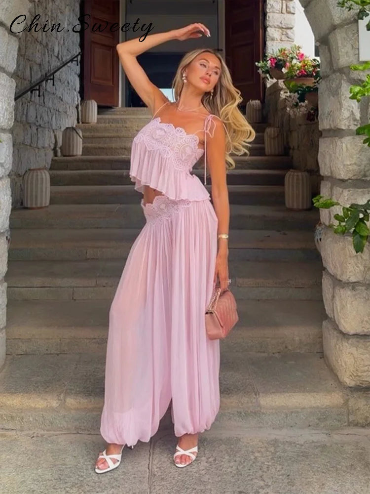 Fashion Women's Embroidery Hollow Out Vest Pants Set Sleeveless Backless Lace Up Sling Tops Loose Pleated Lantern Pant 2026 Suit