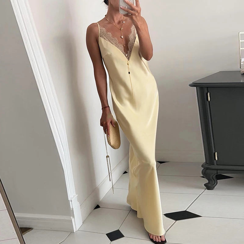 Elegant Lace Patchwork Women's Dress V-Neck Sleeveless Slip Female Long Dresses 2026 Summer Vacation Sexy Solid Chic Lady Robe