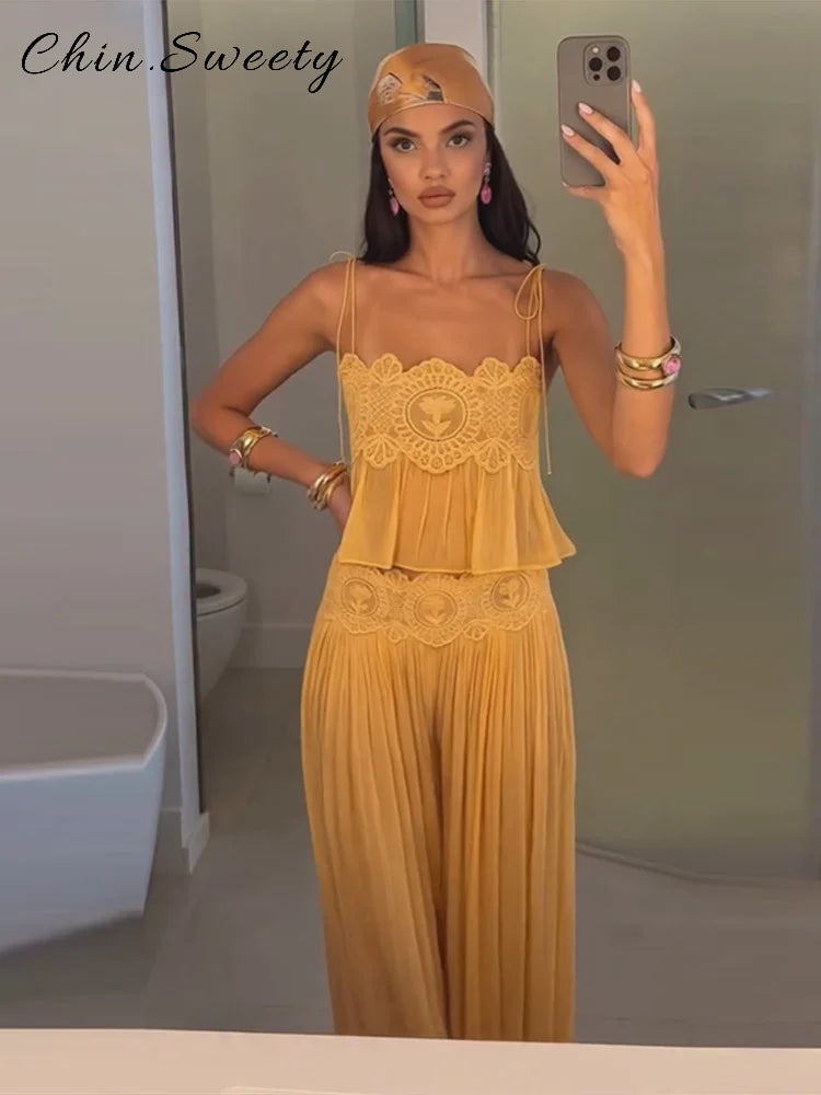 Fashion Women's Embroidery Hollow Out Vest Pants Set Sleeveless Backless Lace Up Sling Tops Loose Pleated Lantern Pant 2026 Suit