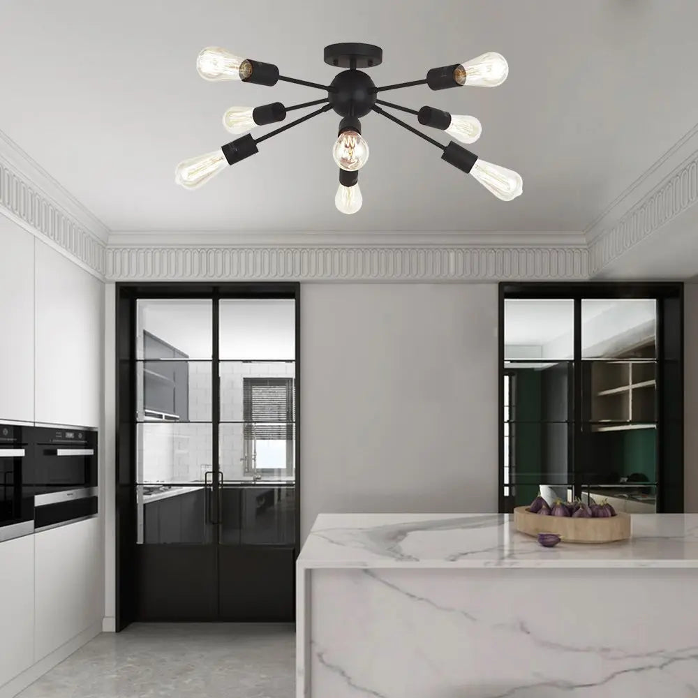 Modern 8-Light Sputnik Chandelier Black Semi-Flush Mount Ceiling Lighting Industrial Vintage Mid-Century Starburst Style Lamp