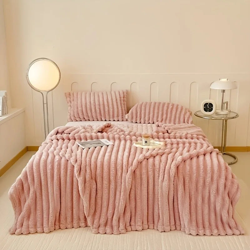 Premium Ultra-Soft Double Sofa Blanket Elastic Striped Plush Beige Throw for Living Room Bedroom Sofas - All-Season Home Decor