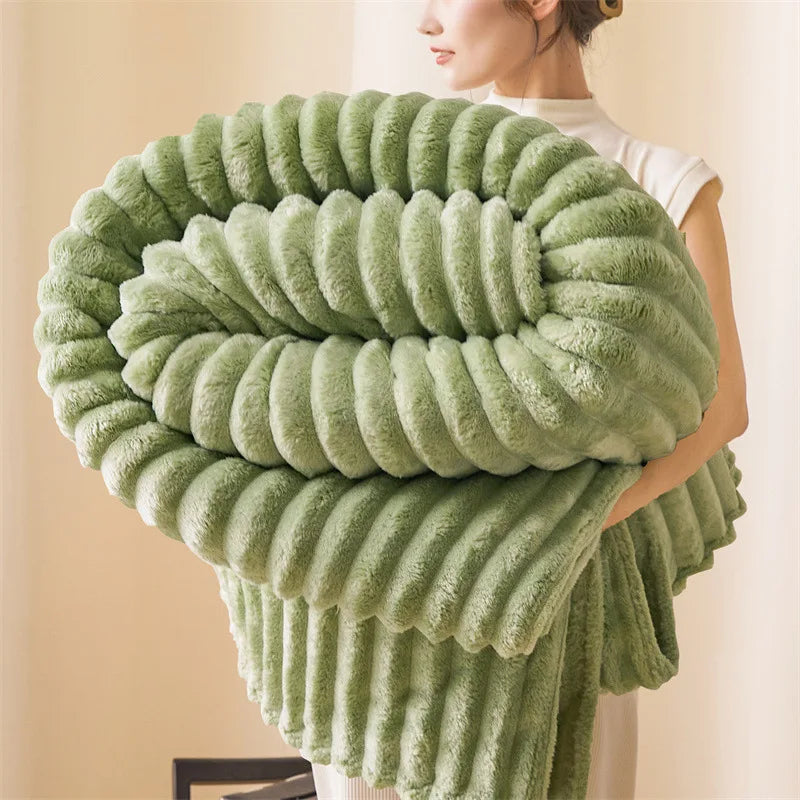 Premium Ultra-Soft Double Sofa Blanket Elastic Striped Plush Beige Throw for Living Room Bedroom Sofas - All-Season Home Decor