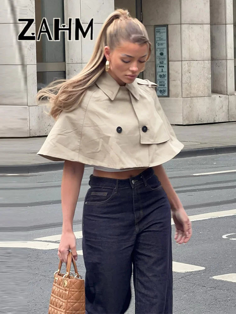 Casual Solid Women's Cope Turn-Down Collar Double Button Solid Lady Cloak 2026 Spring Summer Fashion Female Street Crop Tops New